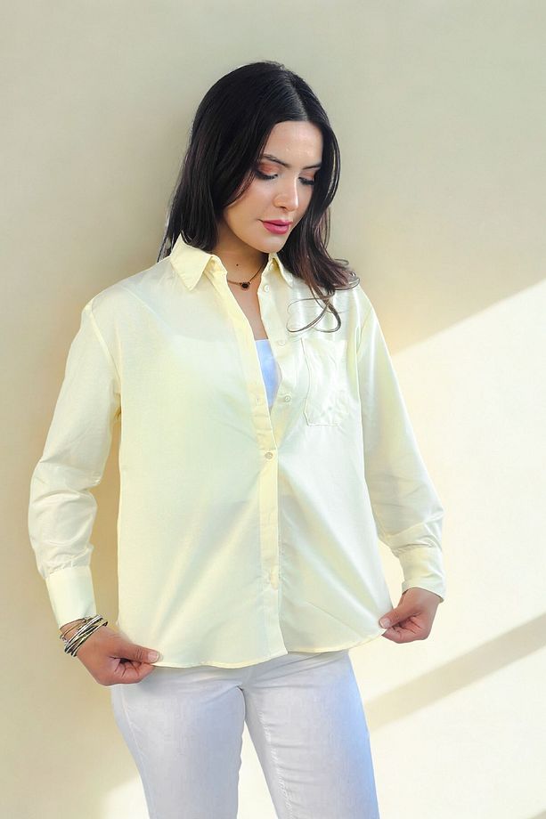 Lupinn Moda Kadın Sarı Regular Fit Basic Düz Uzun Kollu Gömlek - 4