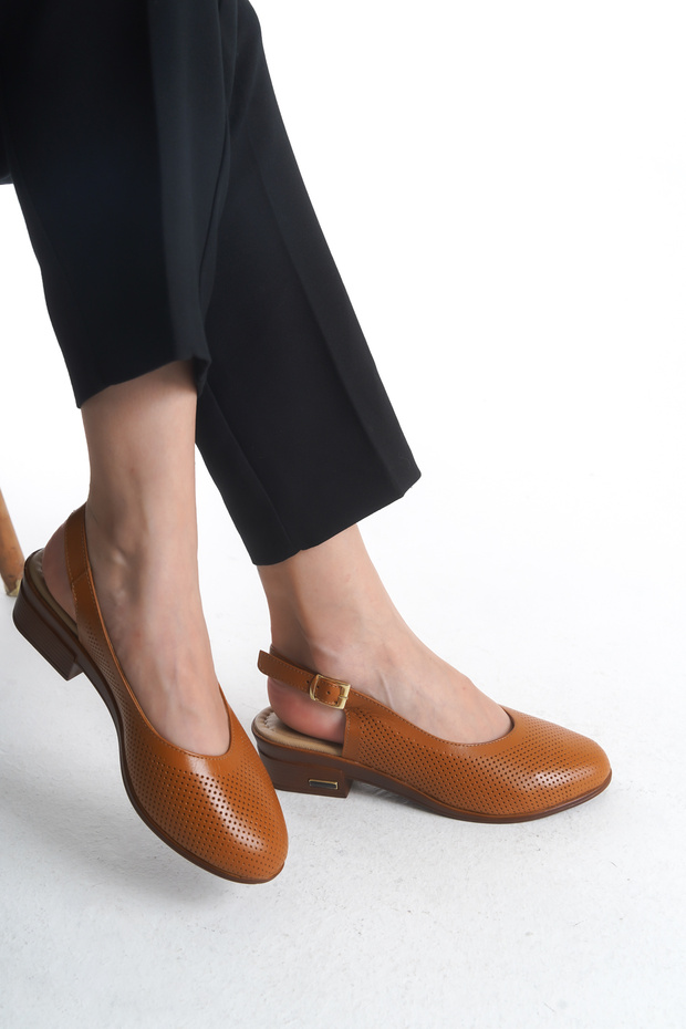 Genuine Leather Tan Round Toe Short Heeled Women's Shoes Tmd 2025888