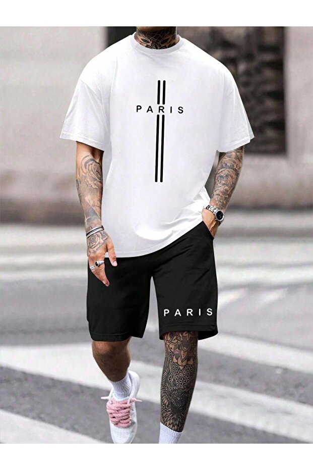 Men's White Striped Paris Oversize Tshirt Black Paris Shorts Set