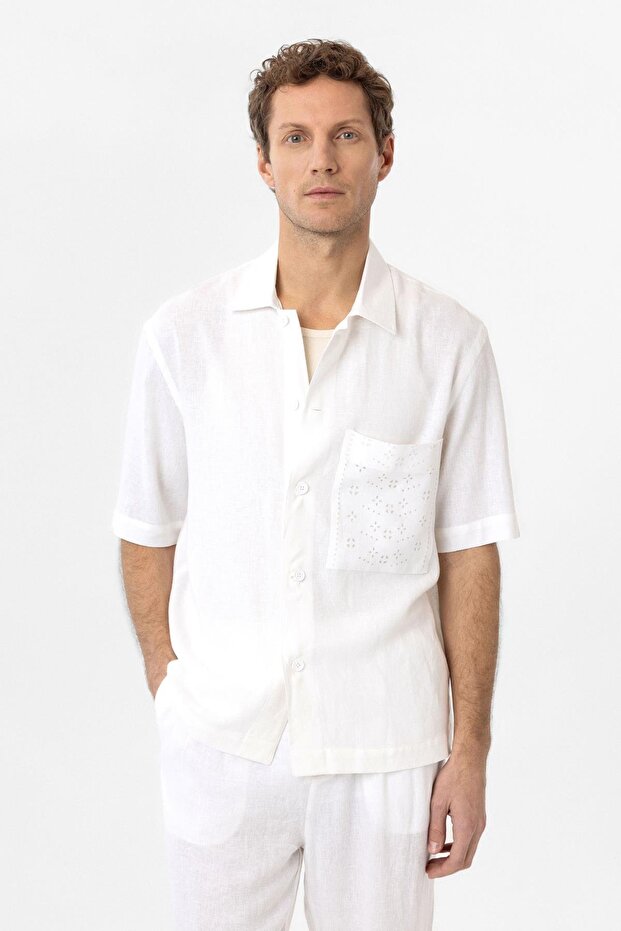 White Linen Blend Short Sleeve Men's Shirt
