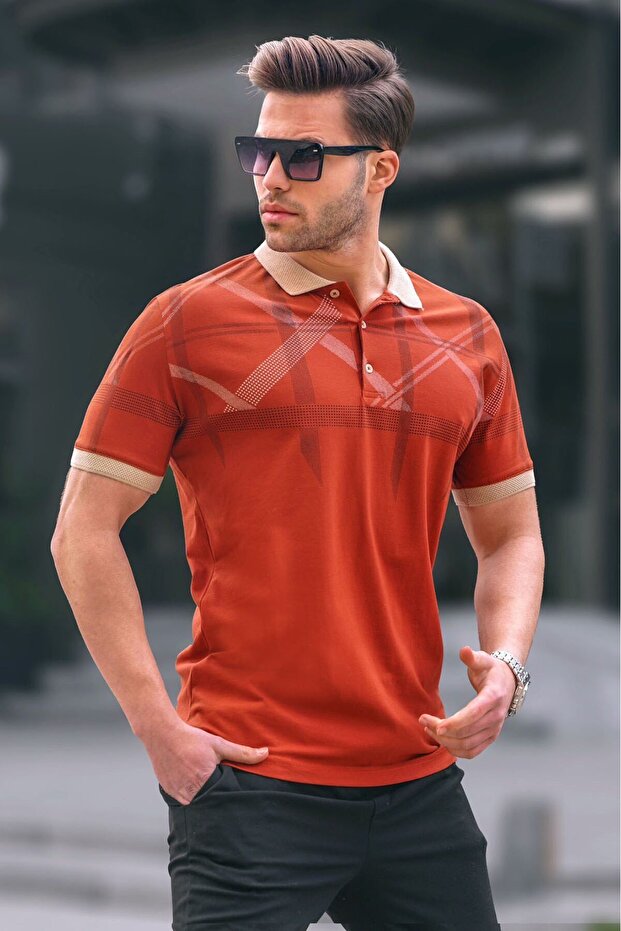 Tile Patterned Polo Collar Men's T-Shirt 6080