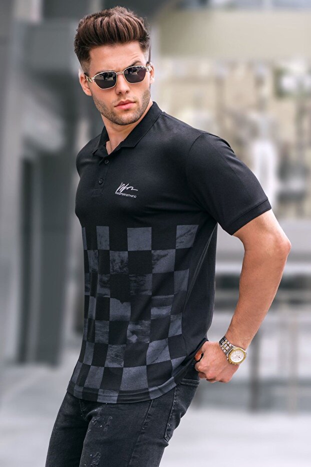 Black Patterned Men's Polo Neck T-Shirt 5871