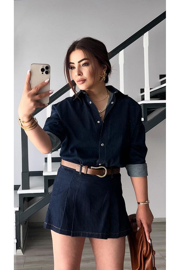 Denim Piliseli Şort Etek - 3