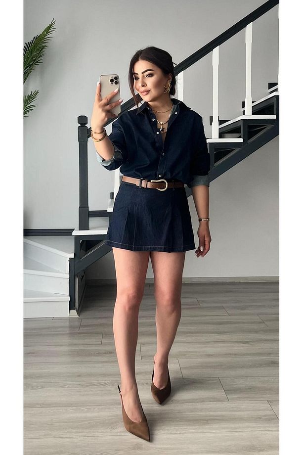 Denim Piliseli Şort Etek - 7