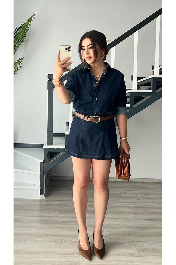 Denim Piliseli Şort Etek - 6