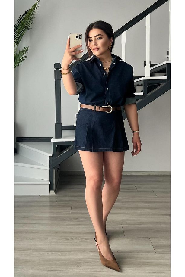 Denim Piliseli Şort Etek - 4