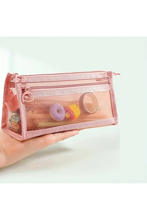 Transparent Mesh Double Layer Pencil Case,Office Supplies Organizer,Makeup Bag,Pen Holder