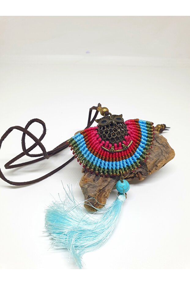Owl Figured Tasseled Turquoise Stone Macrame Ethnic Design Necklace No3