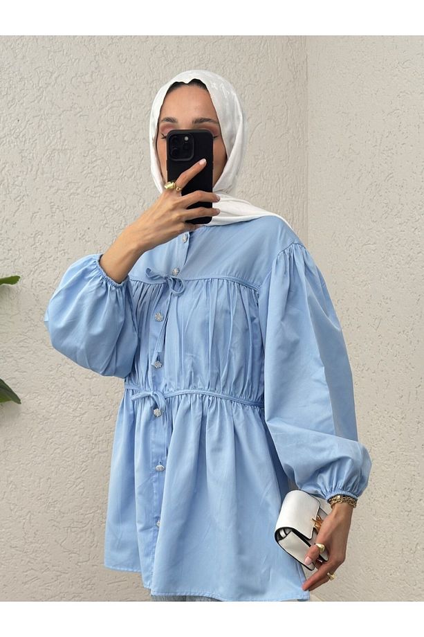 Önü Bağcık Detaylı Boydan Düğmeli Gömlek Tunik -Bebe Mavi - 2