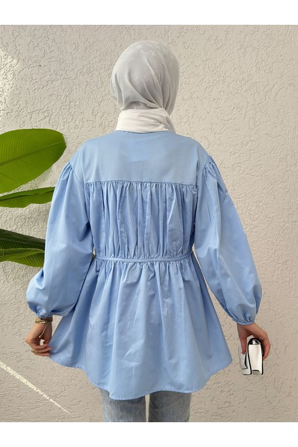 Önü Bağcık Detaylı Boydan Düğmeli Gömlek Tunik -Bebe Mavi - 4