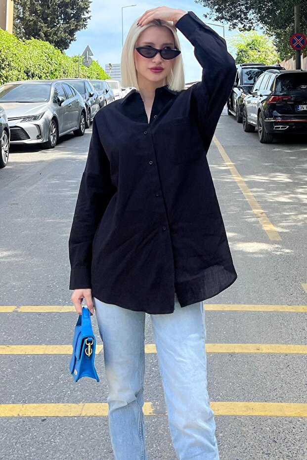 Siyah Oversize Basic Cepli Poplin Gömlek Mg1530 - 3
