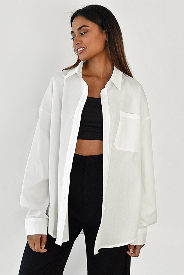 Beyaz Oversize Basic Cepli Poplin Gömlek Mg1530 - 4