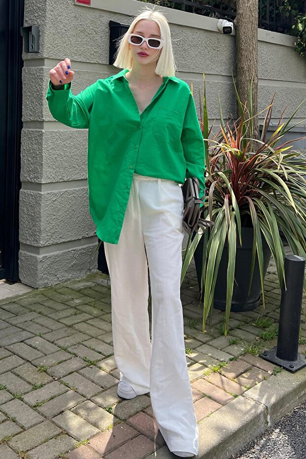 Yeşil Oversize Basic Cepli Poplin Gömlek Mg1530 - 2