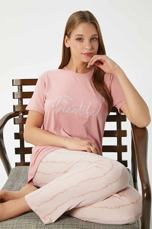 Kadın Beautiful Yumuşak Doku Pudra Bisiklet Yaka Kısa Kollu Alt Üst Pijama Takımı - 1