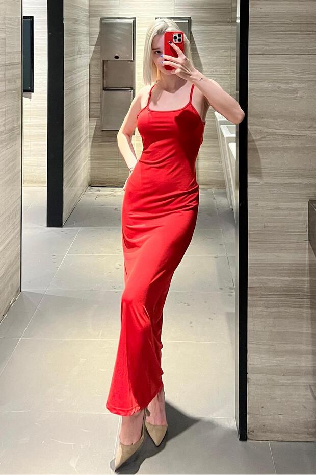 Kırmızı Uzun Asklı Basic Elbise MG1852 - 2