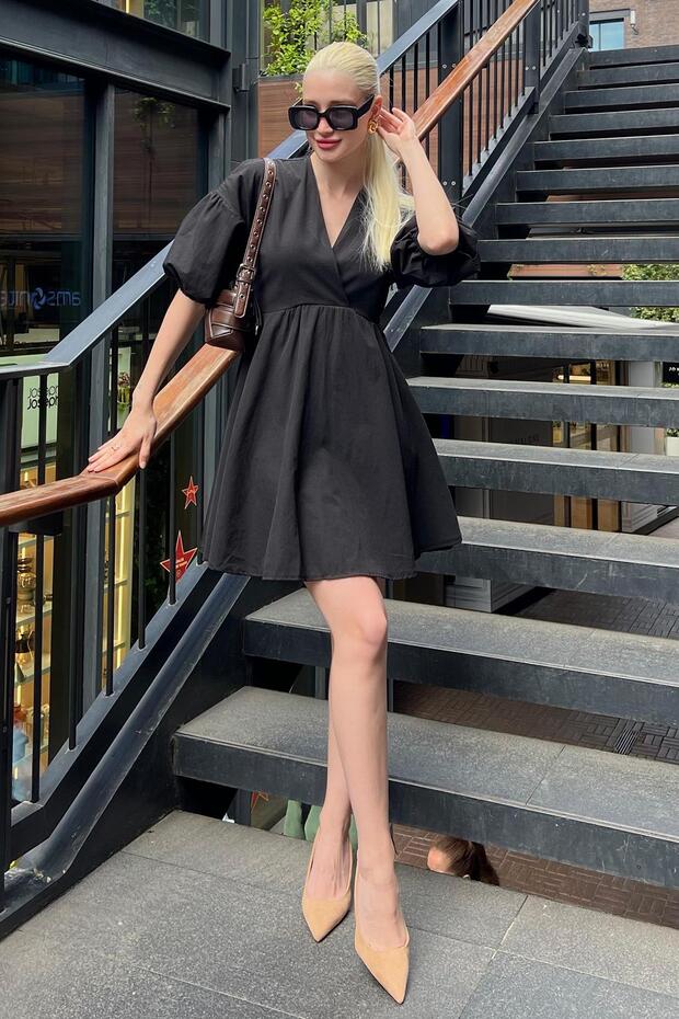 Black Balloon Sleeve Mini Women's Dress MG2023