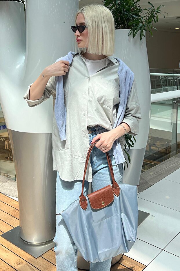 Gri Oversize Basic Cepli Poplin Gömlek Mg1530 - 3