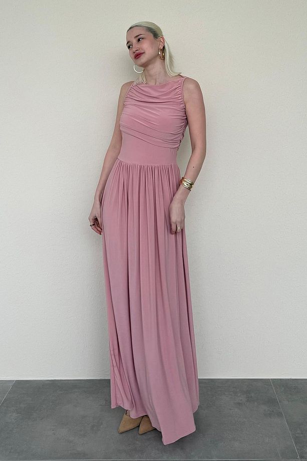 Pembe Önü Dökümlü Uzun Boy Kadın Elbise Mg2364 - 3