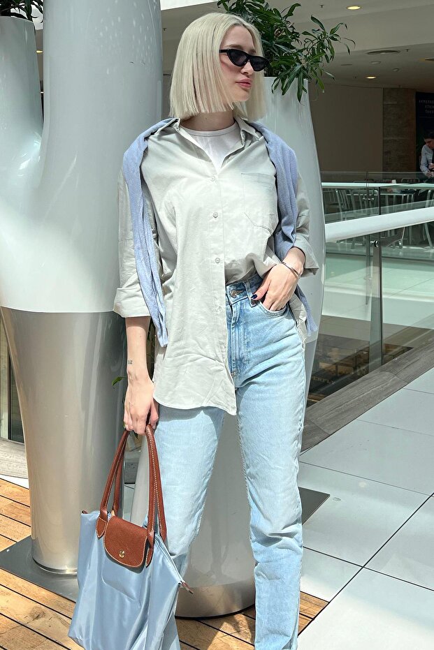 Gri Oversize Basic Cepli Poplin Gömlek Mg1530 - 1