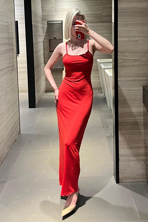 Kırmızı Uzun Asklı Basic Elbise MG1852 - 1