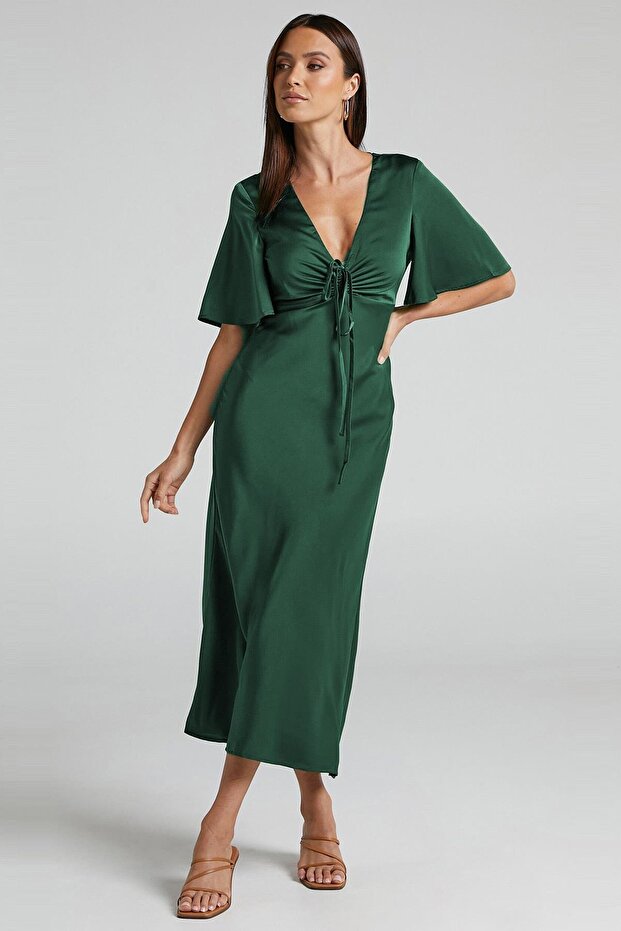 Green Midi Length Short Sleeve Satin Dress MG2013