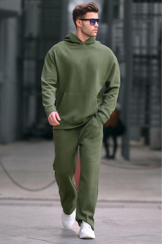 Khaki Hooded Straight Leg Men's Tracksuit Set 5934