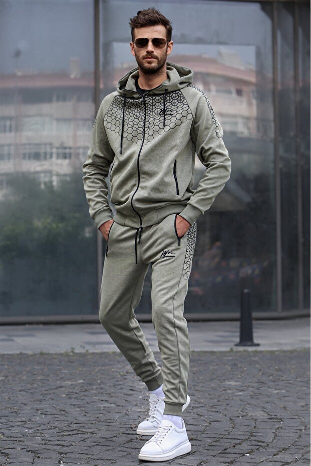Khaki Printed Hooded Tracksuit Set 5906