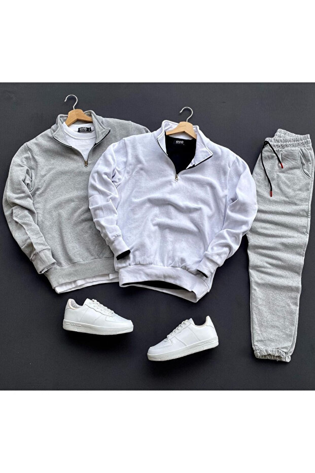 3-Piece Combination Half-Zip Cotton Sweatshirt - Gray White Gray Sweatpants Set Bottom Top 3