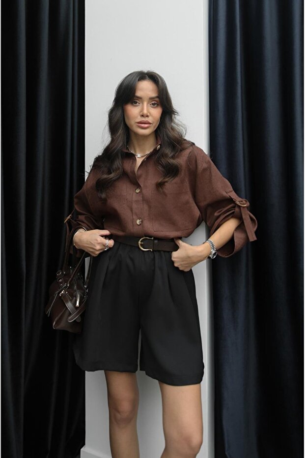 Brown Sleeves Belt Detailed Raw Linen Shirt