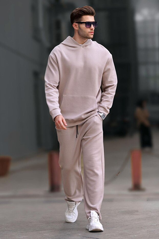 Beige Hooded Straight Leg Men's Tracksuit Set 5934