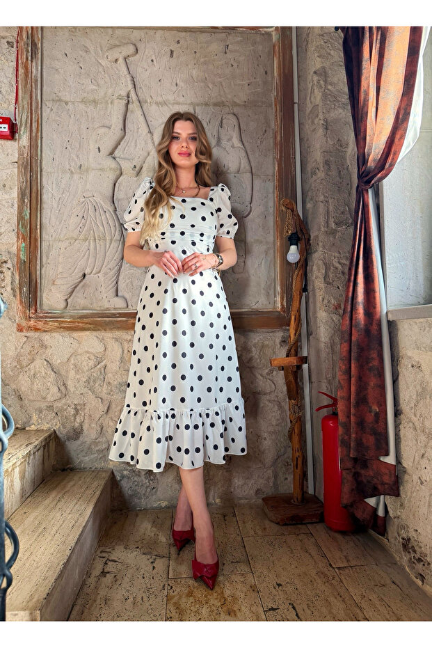 Balon Kol Puantiyeli Elbise - 6