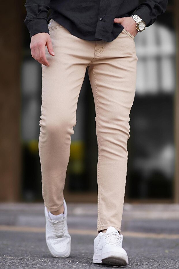 Men's Beige Canvas Slim Fit Trousers
