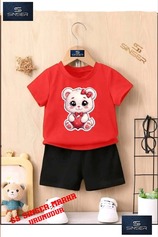 Children's "Cat Pink Heart" Custom Printed Crew Neck T-Shirt - Shorts Set