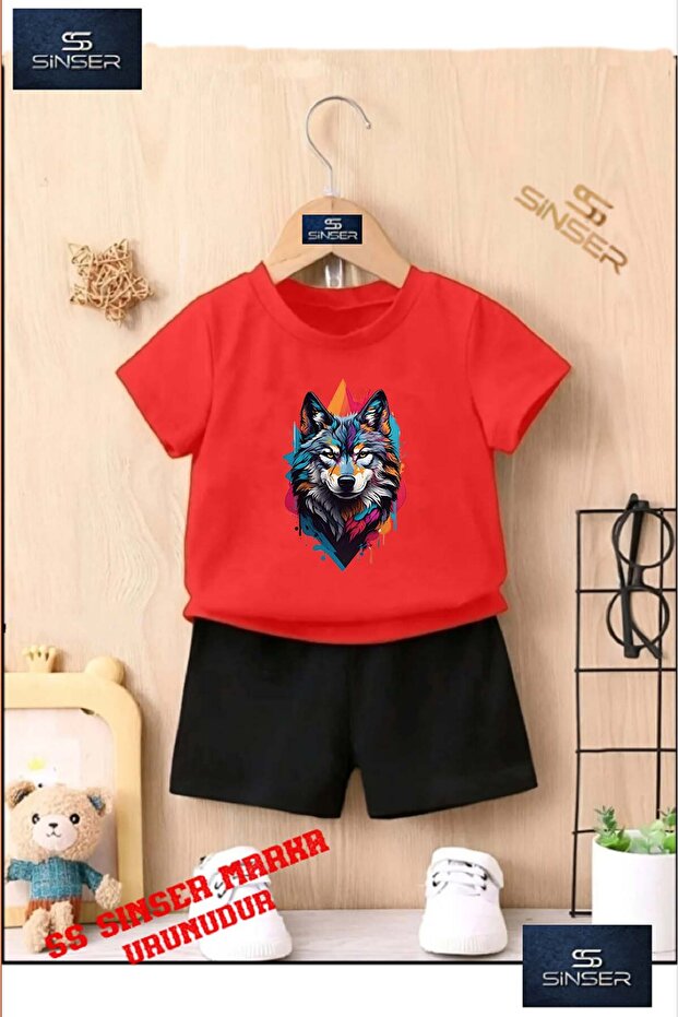 Children's "Back Painted Wolf" Special Printed Crew Neck T-Shirt - Shorts Set
