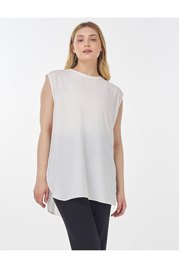 Sıfır Yaka Basic T-Shirt Ekru - 1