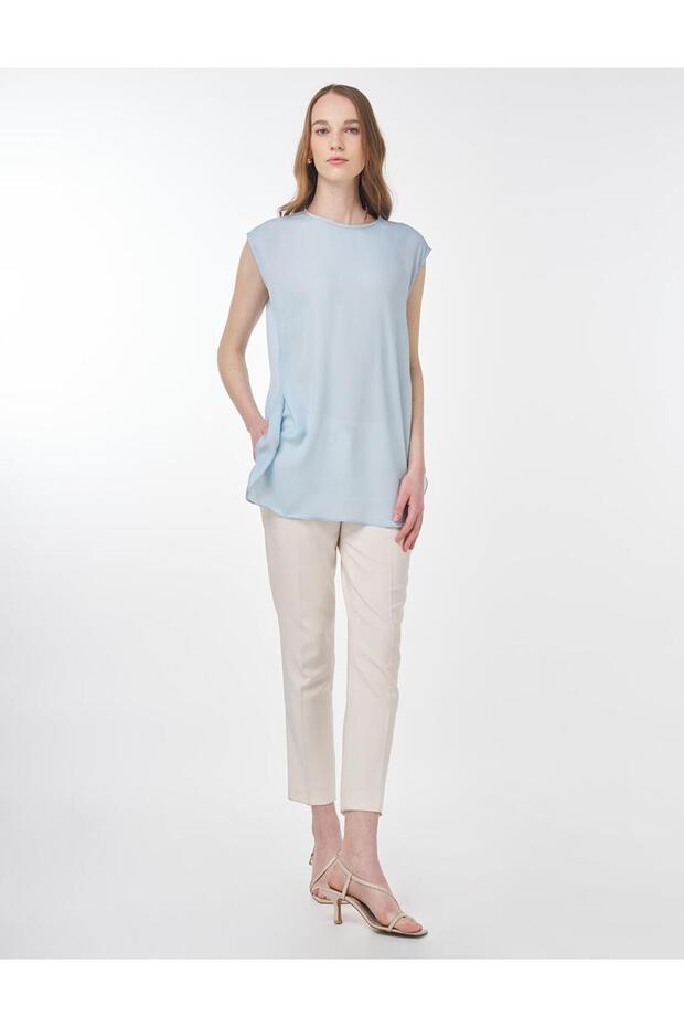 Sıfır Yaka Basic T-Shirt Mavi - 2