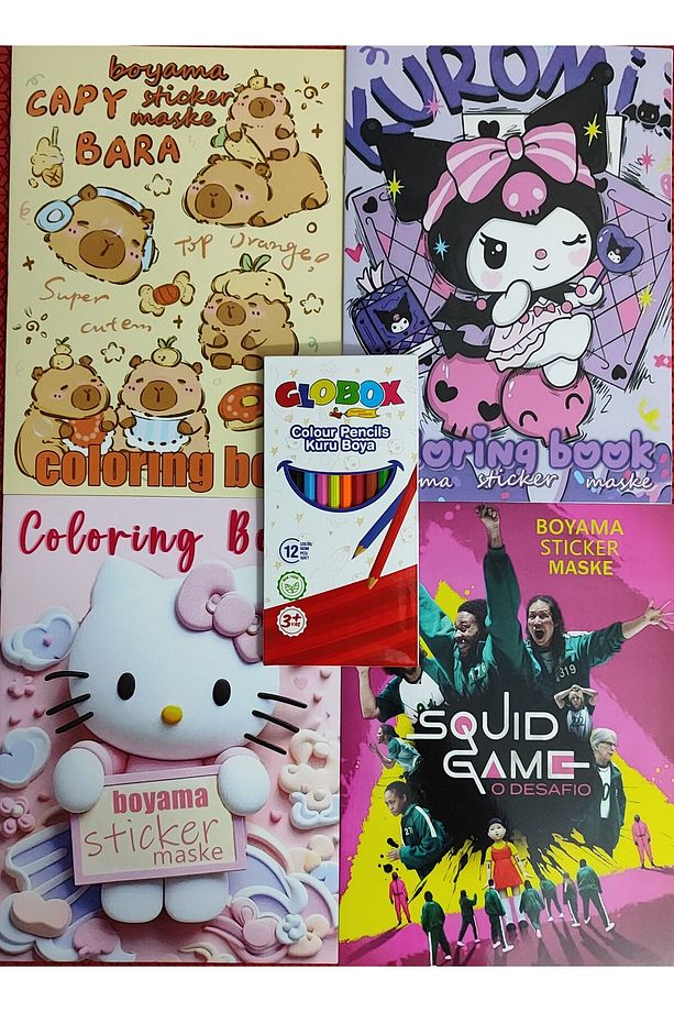 4 adet stickerli boyama kitabı ve 12 li kuru boya kalemi (Kuromi/capybara/squid game/hello kitty) - 1