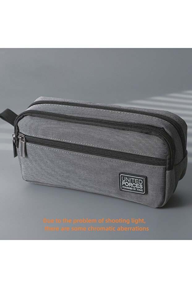 gray portable three-layer large capacity pencil bag boy canvas pen case school office supplies stora