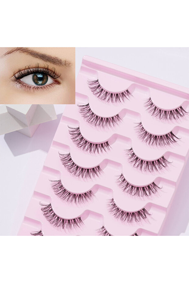 12mm 0.07mm C BLACK 7 Pairs of Natural D Curled Transparent Stem Crossed False Eyelashes