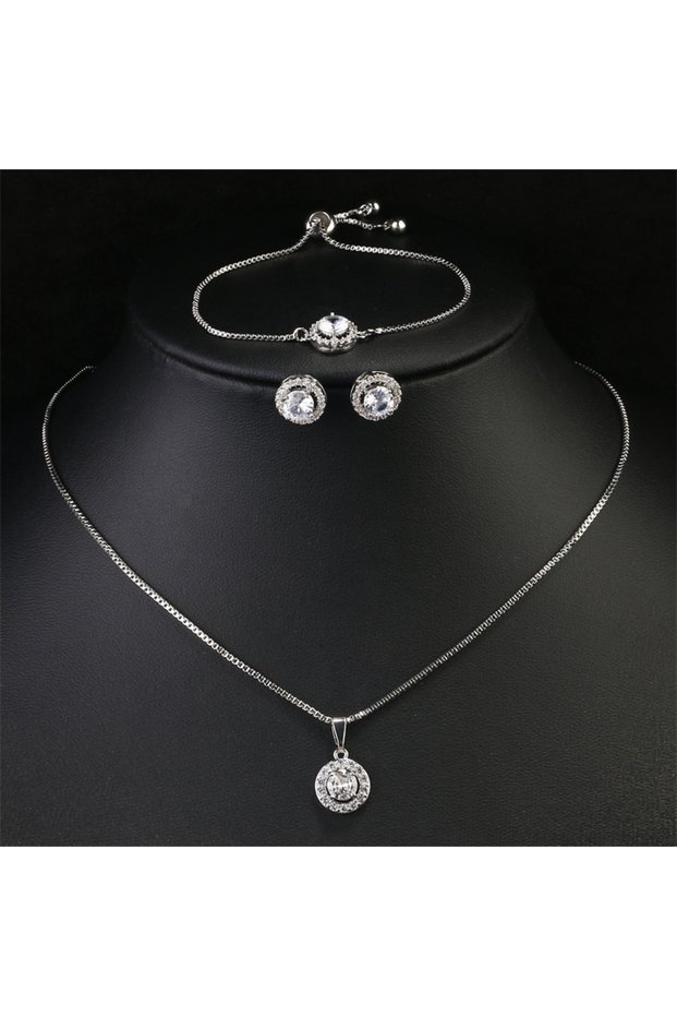 White color 3pcs Simple Geometric Round Zircon Pendant Necklace for Women Clear AAA Zirconia Crysta