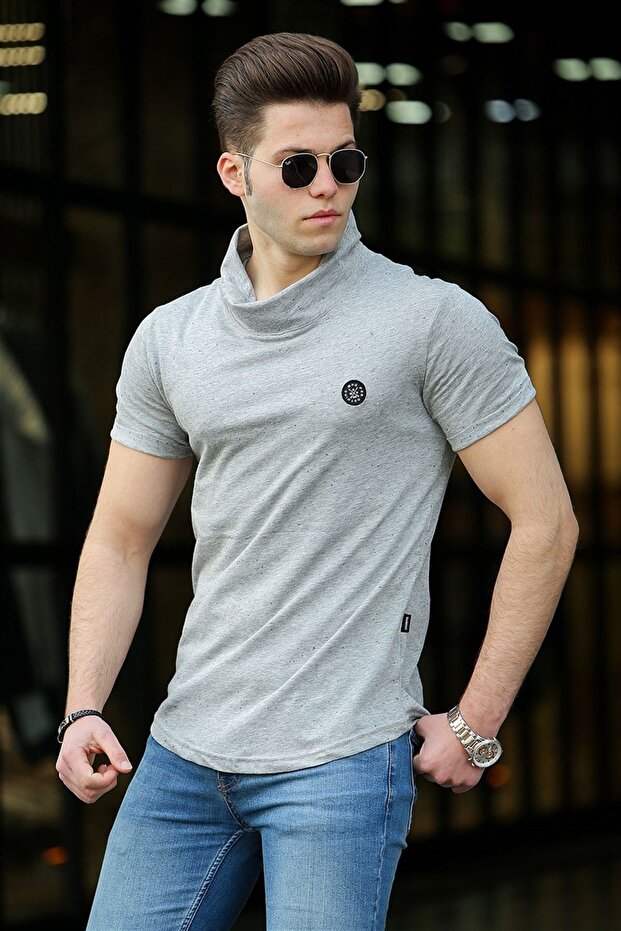 Men's Shawl Collar Gray T-Shirt 4554