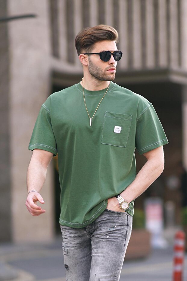 Khaki Oversize Men's T-Shirt with Pocket Detail 7001
