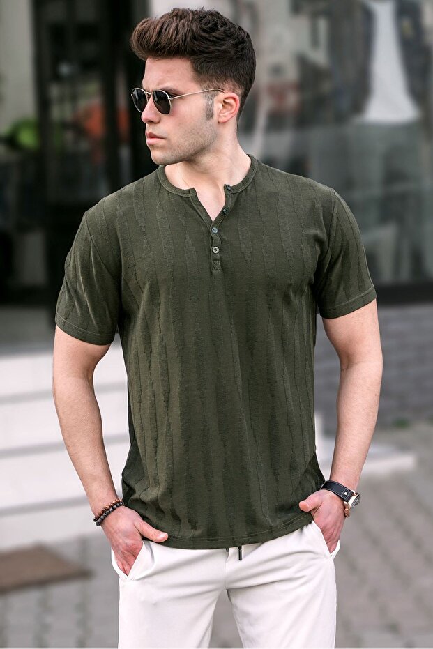 Men's Khaki Button-Up T-Shirt 5831