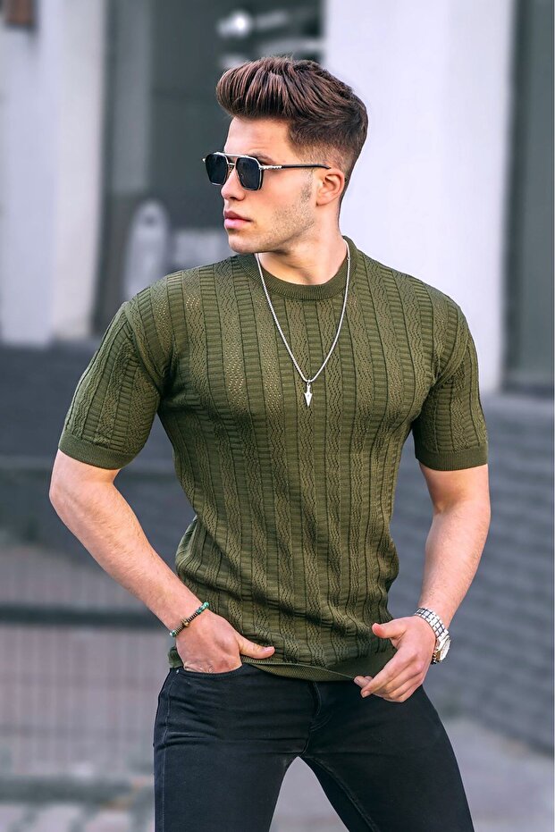 Khaki Patterned Knitwear T-Shirt 5686
