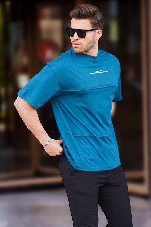Petrol Blue Oversize Printed Crew Neck T-Shirt 7017