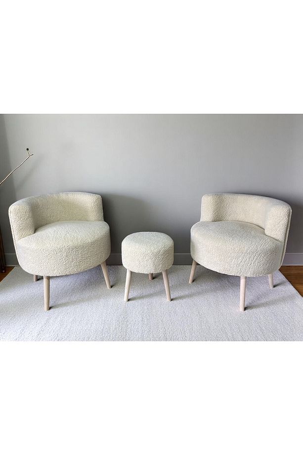 Nova Teddy İki Berjer ve Puf Takımı, Çay Seti Berjer Takımı 3'lü Set, Salon Balkon Ofis Seti - 3