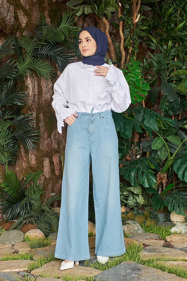 1123-Denim Bağcıklı Bol Paça Pantolon Açık Mavi - 5