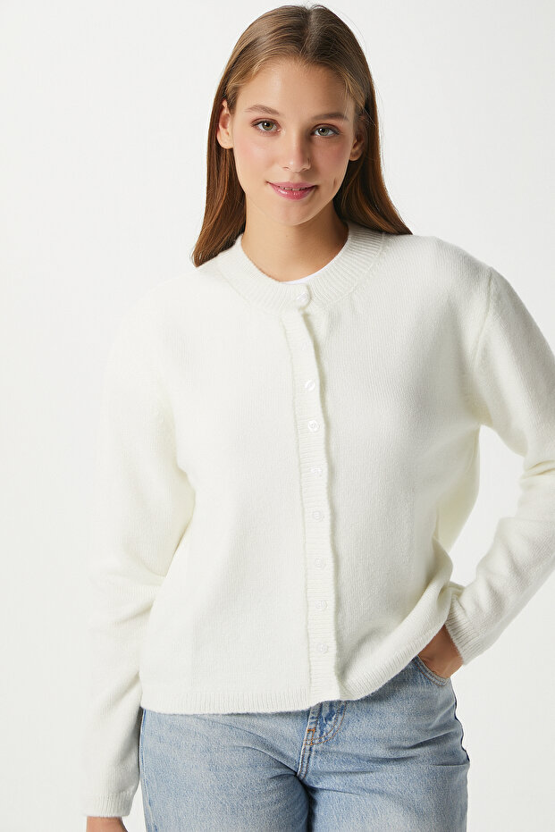 Kadın Nina Bisiklet Yaka Ekru Basic Hırka - 7