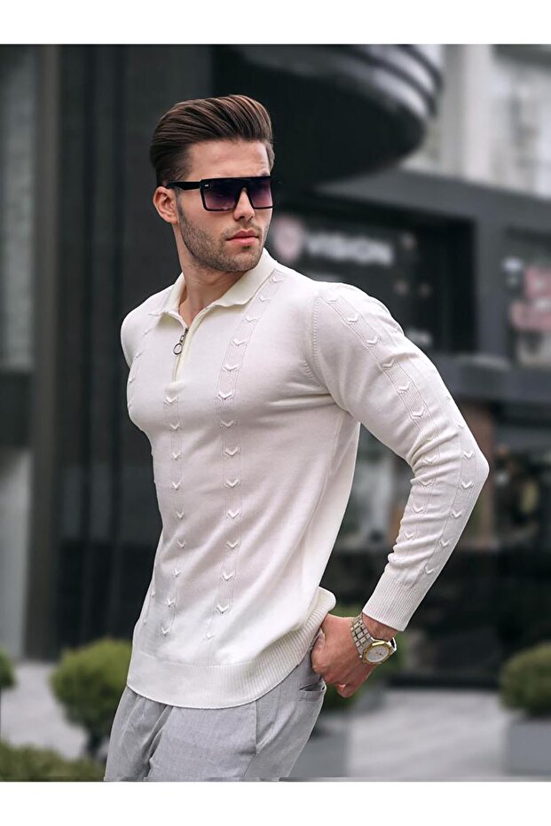 Ecru Zipper Detailed Knitwear Sweater 5606