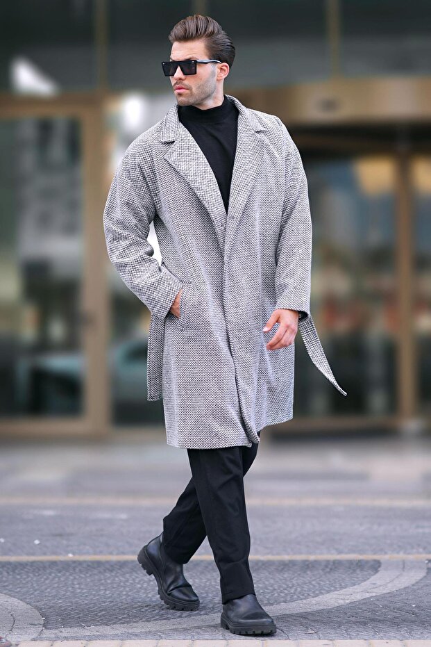 Patterned White Double Breasted Coat - 7250 - 3